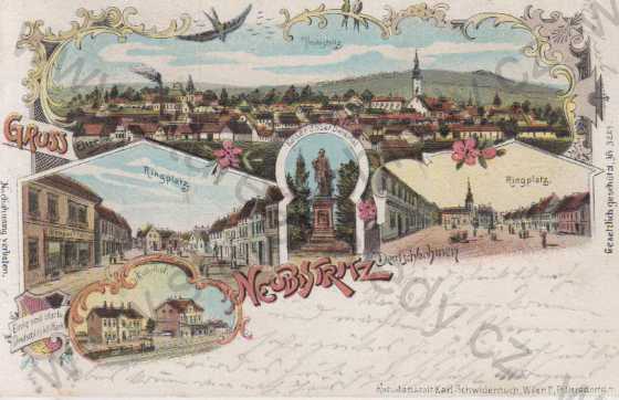  - Nová Bystřice (Neu Bistritz) - celkový pohled, náměstí, pomník císaře Josefa, nádraží, litografie, DA, koláž, kolorovaná