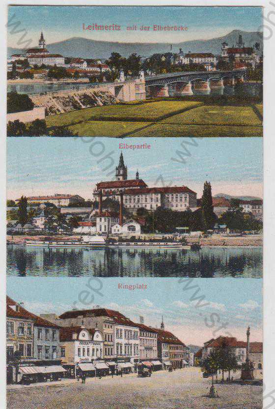  - Litoměřice (Leitmerotz), most, Labe - partie, náměstí, kolorovaná