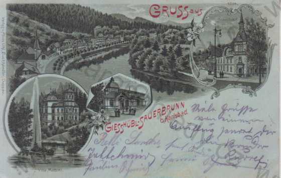  - Lázně Kyselka (Karlovy Vary) / Giesshübl- Sauerbrunn bei Karlsbad - celkový pohled, Heinrichshof, Vila Mattoni, pitná hala, litografie, DA, koláž