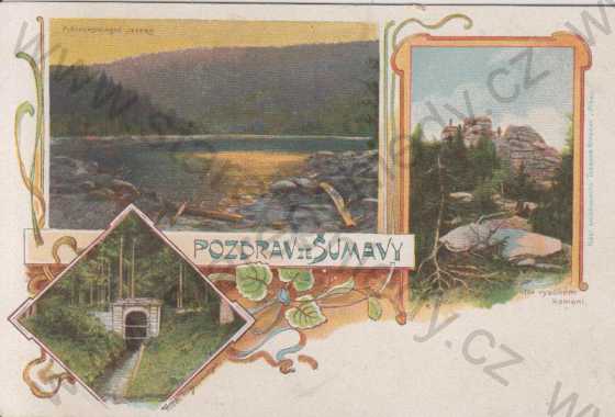  - Šumava - Plešné jezero, Vysoký kámen, tunel Hirschberský, koláž, kolorovaná, DA