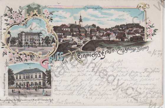  - Jindřichovice (Heinrichsgrün), pohled na město, škola, zámek, kolorovaná, koláž, DA