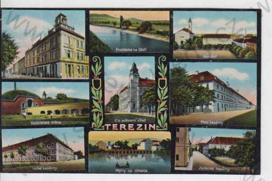  - Terezín (Theresienstadt), záložna, Ohře, náměstí, vodárenská brána, pošta, kasárny, více záběrů, kolorovaná, koláž