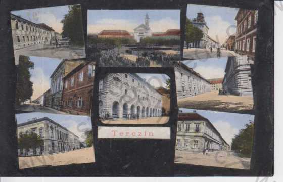  - Terezín (Theresienstadt), kostel, kasárny, škola, více záběrů, kolorovaná, koláž