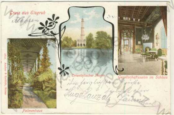  - Lednice (Eisgrub) - minaret, zámek - salon, palmový skleník, kolorovaná, DA, koláž