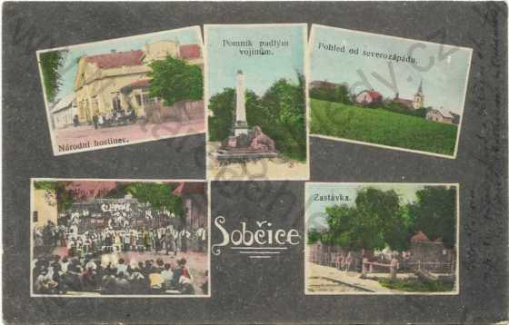  - Sobčice - národní hostinec, pomník padlým vojínům, pohled od severozápadu, divadlo v přírodě, zastávka, kolorovaná