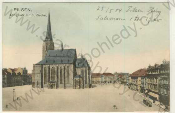  - Plzeň (Pilsen) - náměstí, kostel, kůň, kolorovaná, DA