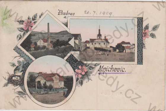  - Mnichovice, mlýn, kostel, škola, vila Marie, kolorovaná, koláž
