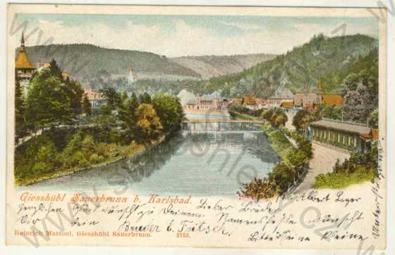  - Kyselka ( Gießhübl-Sauerbrunn ) - lázně , dílčí pohled, řeka, litografie, DA, kolorovaná