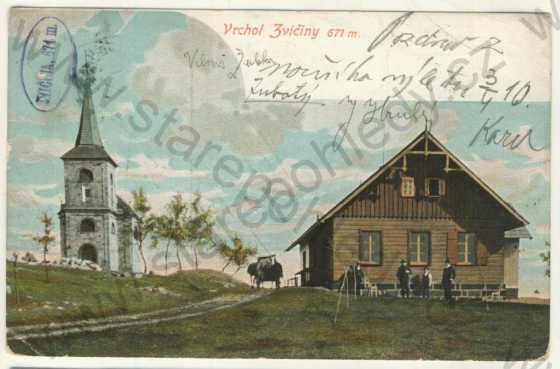  - Zvičina - vrchol (chata, kostel), kolorovaná