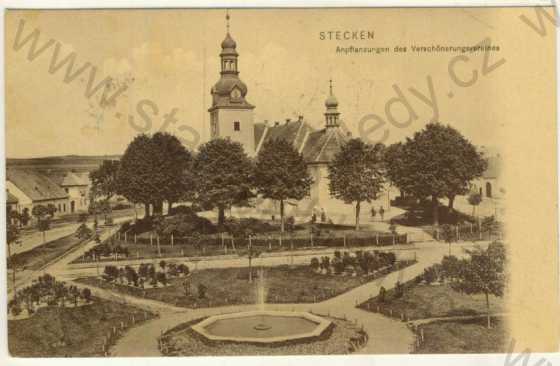  - Štoky (Stecken) - náměstí - kostel, park, kašna