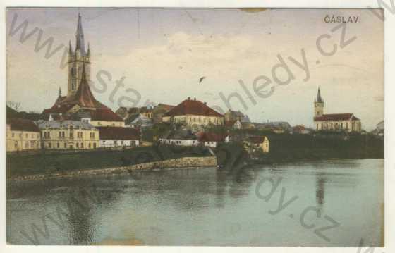  - Čáslav - dílčí pohled, kostel, rybník, kolorovaná