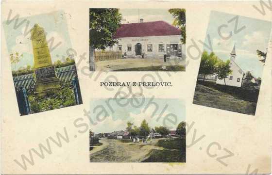  - Přelovice - pomník, hostinec, kaple, střed obce, kolorovaná