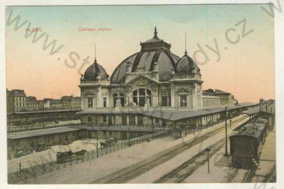  - Plzeň - ústřední nádraží, vagon, kůň, kolorovaná