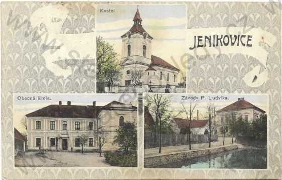 - Jeníkovice - kostel, obecná škola, závody P. Ludvík, koláž, kolorovaná