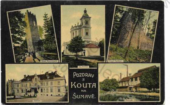  - Kout na Šumavě - hrad Rýzmberk, sv. Anna, hrad Herštejn, zámek, pivovar, kolorovaná, koláž