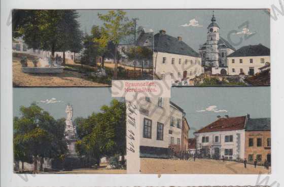  - Rýžoviště (Braunseifen), střed obce, kostel, náměstí, socha, kolorovaná