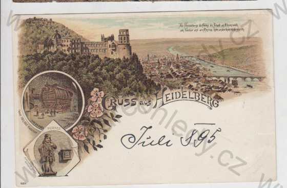  - Německo, Heidelberg, pohled na město, velký sud, socha, kolorovaná, koláž, DA