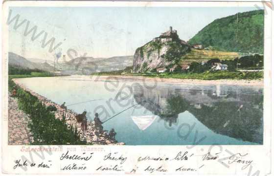  - Vaňov (Wannov), Ústí nad Labem - pohled na hrad Střekov (Schreckenstein), rybáři, Labe, kolorovaná, DA