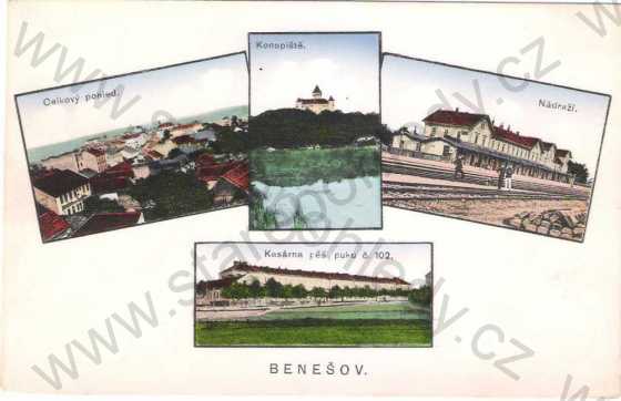  - Benešov - celkový pohled, zámek Konopiště, Nádraží, Kasárna, více záběrů, kolorovaná