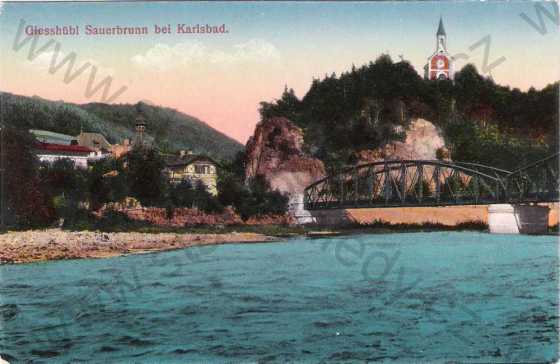  - Kyselka (Giesshübl Sauerbrunn) - partie - řeka, most, kostel, kolorovaná