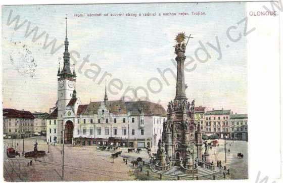  - Olomouc - Horní náměstí, radnice, socha nejsv. Trojice, kolorovaná
