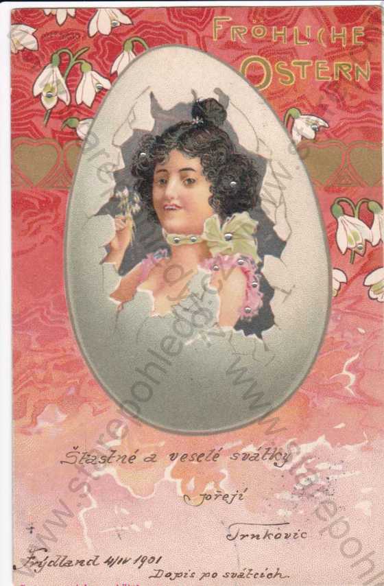  - Velikonoce, koláž, litografie, DA, kresba, květiny, žena v proklubaném vajíčku, malé průhledné kamínky přilepené na pohledu