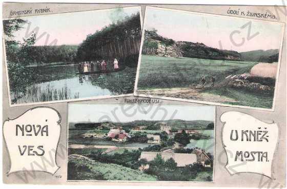  - Branžež, Nová Ves (Kněžmost) - Drhlenský rybník, loďka, údolí k Žlunskému, celkový pohled, více záběrů, kolorovaná