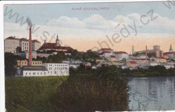  - Mladá Boleslav,částečný záběr na město,Mladoboleslavský hrad,továrna,domy,kresba