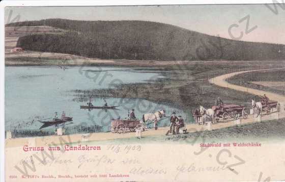  - Lanškroun,částečný záběr na jezero,lidé na lodičkách,silnice podél jezera,koňské povozy,DA,kresba