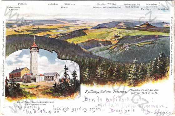  - Klínovec (Keilberg) - jihozápadní panorama, rozhledna, kolorovaná, DA