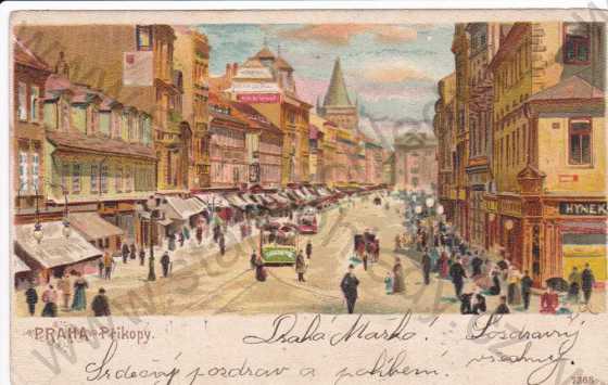  - Praha, celkový pohled na ulici Na Příkopě, automobily,lidé, obchody, kresba, DA
