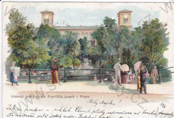  - Praha,celkový pohled na nádraží císaře Františka Josefa(Hlavní nádraží), litografie, DA