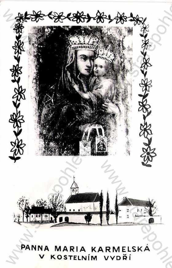  - Kostelní Vydří - obrázek Panna Marie Karmelská, kostel (kresba), více záběrů