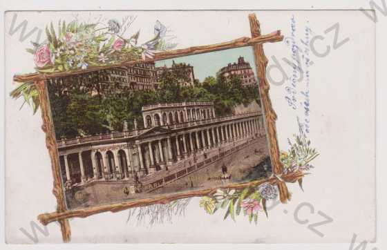  - Karlovy Vary (Karlsbad) - Mlýnská kolonáda, koláž (nalepeno), litografie, DA, kolorovaná