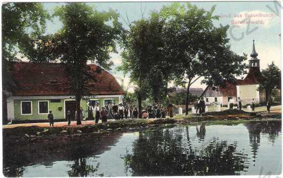  - Kdyně - část Prapořiště (Braunbusch) - partie rybník, kostelík, společné foto, kolorovaná