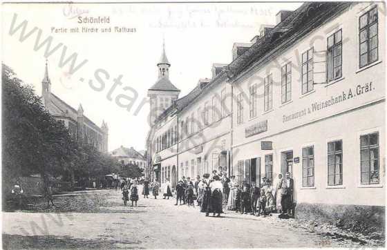  - Krásno (Schönfeld) - kostel, radnice, Restaurace a vinárna A. Gräf., lidé