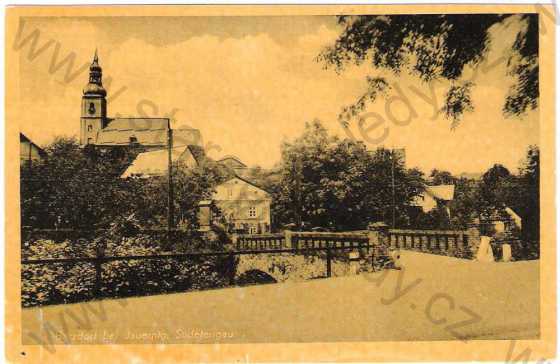  - Bernartice (Barzdorf bei Jauernig) - partie - most, kostel, žluto-oranžová