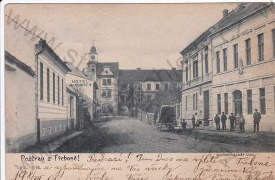  - Třeboň, záběr na Jindřichohradeckou bránu, hotel Marginter, kolorovaná, DA