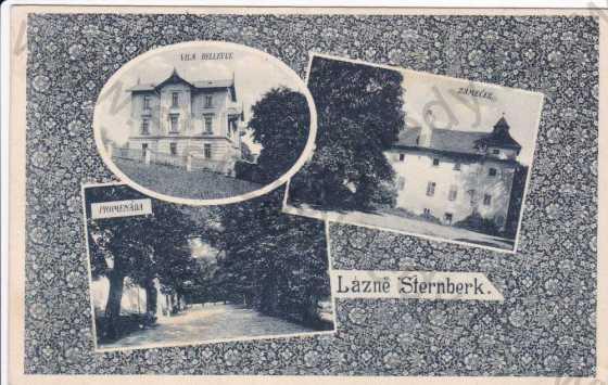 - Lázně Šternbergské(Ledce), vila Bellevue, zámeček, promenáda, koláž, kolorovaná