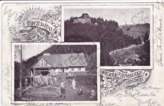  - Peklo (Nové Město nad Metují), Frymburk (Nový Hrádek), dva záběry, zřícenina hradu, lidé před domem, kolorovaná, koláž, DA