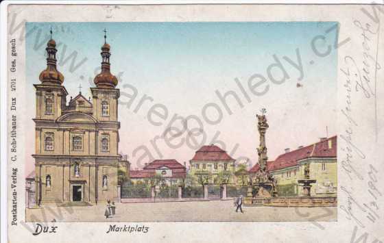  - Duchcov (Teplice), kašna náměstí a kostel, kolorovaná, zlacená, DA