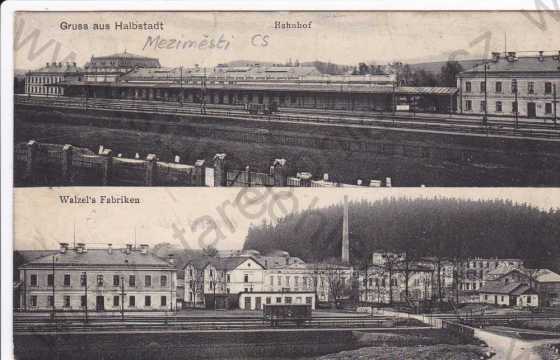  - Meziměstí (Náchod), dva záběry,vlakové nádraží, vagony, továrna, kolorovaná