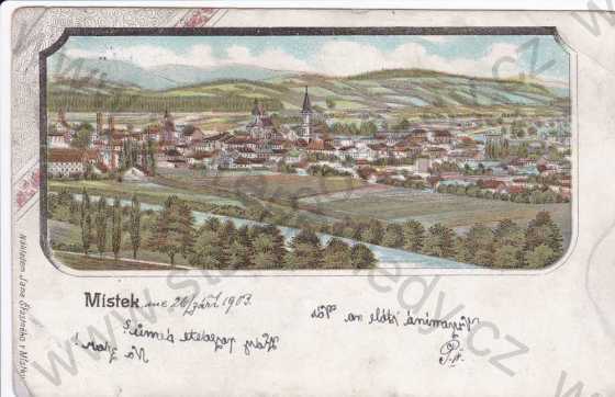  - Místek (část města Frýdek-Místek), celkový pohled na město a kostel, kresba, koláž, DA