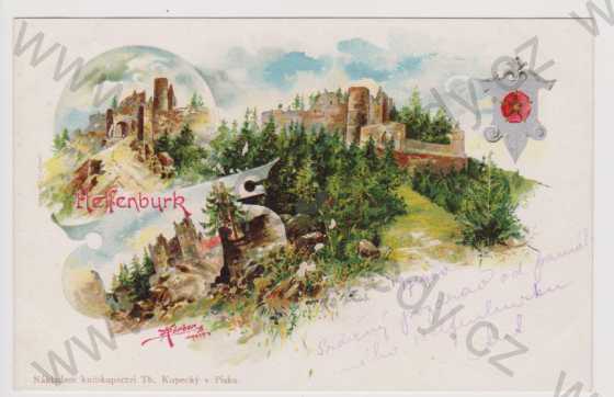  - Helfenburk  - hrad, zřícenina; Körber, DA, litografie, koláž, kolorovaná, ERB
