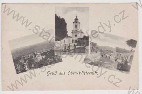  - Horní Věstonice (Ober Wisternitz) - celkový pohled, kostel, střed obce, koláž; razítko poštovna Horní Věstonice