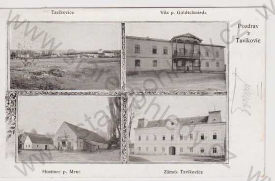  - Tavíkovice - celkový pohled, vila p. Goldschmieda, hostinec p. Mrně, zámek, koláž, DA