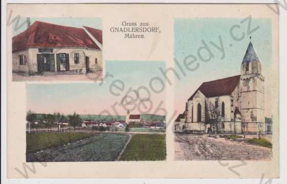  - Hnanice (Gnadlersdorf) - celkový pohled, kostel, obchod, koláž, kolorovaná