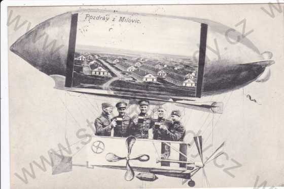  - Milovice (Mladá Boleslav), vojáci ve vzducholodi, pohled na kasárna, koláž, kresba