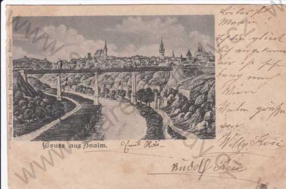  - Znojmo, pohled na město a most přes Dyji, kresba, DA