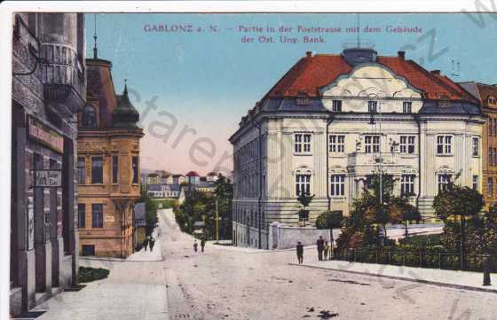  - Jablonec nad Nisou (Liberec), partie na Poštovní ulici s budovou banky, kolorovaná